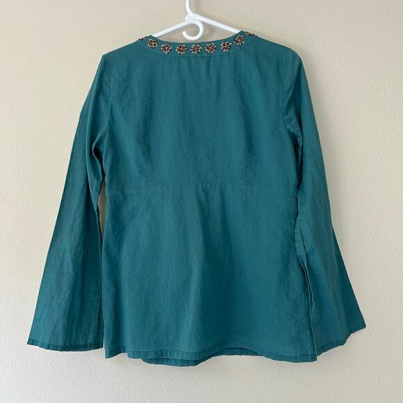 Loft babydoll bell sleeve beaded neckline cotton fairy Boho hippie teal blue M - Picture 7 of 12